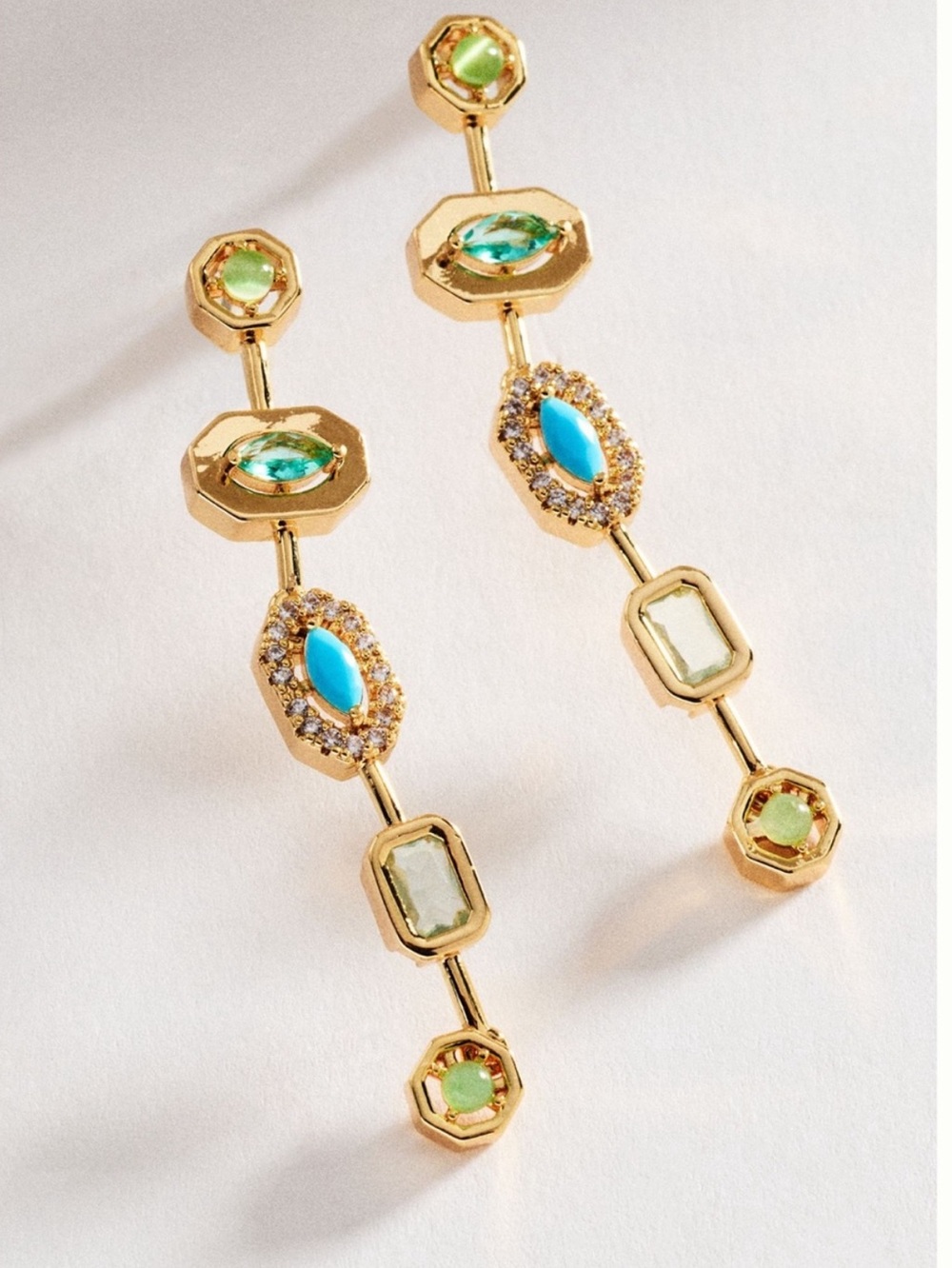 Anthropologie 14KT Gold Plated Drop Earrings Shaped Stone New Blue Green